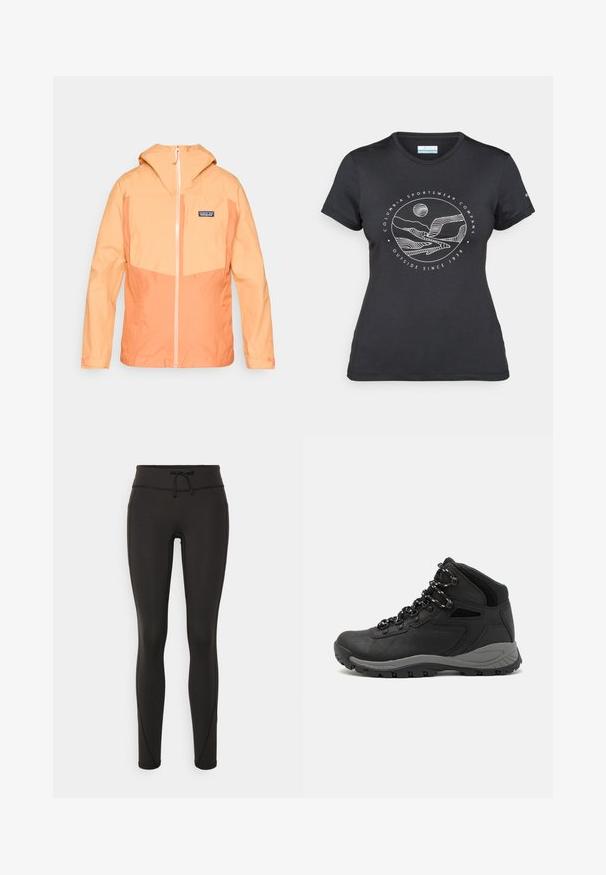 Lightweight, hooded jacket in orange hues with contrasting cream zip. Features a breast pocket and elastic cuffs for secure fit.; Black Columbia t-shirt with white circular mountain and river line art and text "Columbia Sportswear Company Outside Since 1938."; Black leggings with a high waistband, drawstring, smooth texture, and fitted design. Features stitching details along the sides.; Black hiking boot with a mid-top design, featuring a textured upper, gray accents, and durable rubber sole with traction lugs.