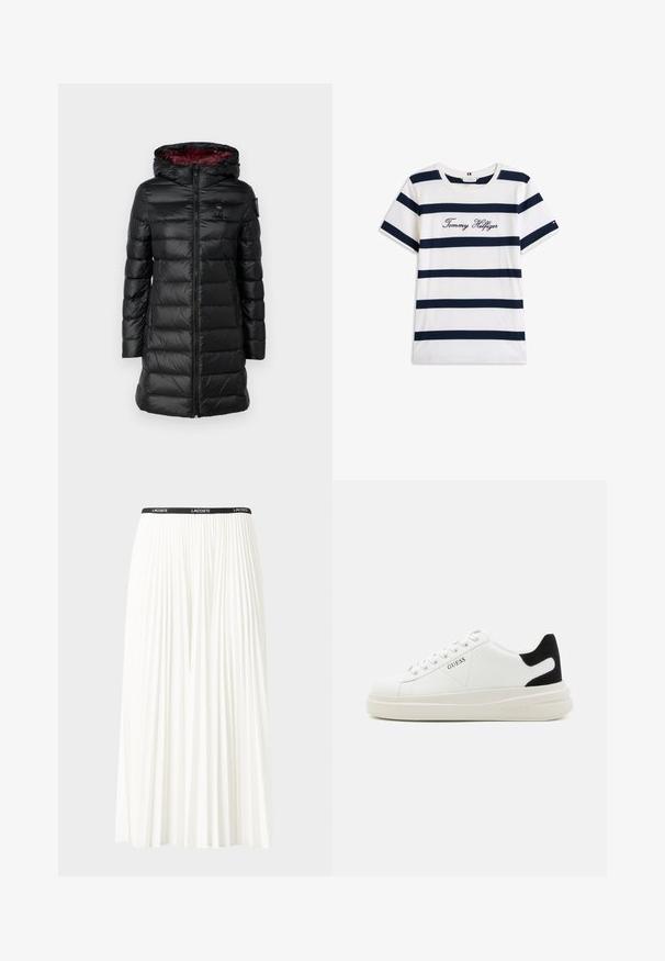 Blauer AGNES - Talvitakki - nero/red; Puuvillainen t-paita, jossa on vaakasuoria tummansinisiä raitoja valkoisella taustalla. "Tommy Hilfiger" brodeerattu kursiivilla rintamuksessa. Pyöreä kaula-aukko.; Hame valkoinen pliseerattu hame mustalla joustavalla vyötäröhihnalla, jossa on "LACOSTE"-logo. Puolipitkä malli pehmeällä tekstuurilla.; Valkoiset nahkakengät paksulla valkoisella pohjalla, mustalla mokkanahkaosuudella kannassa ja kohokuvioitu logo sivulla. Nauhakeskitys kuudella reiällä.