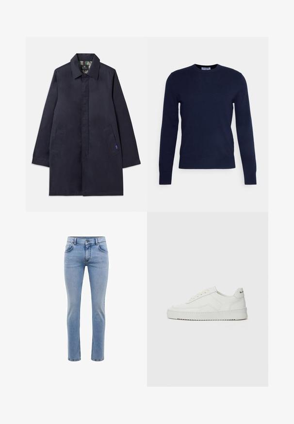 Sötétkék kabát, galléros nyakkal, két oldalsó zsebbel és egyenes szabással. A belső része mintás bélésű. Simább anyagból készült.; Tengerészkék, kerek nyakú pulóver, puha anyagból készült, hosszú ujjal és bordás szegéllyel. Nincsenek látható minták vagy díszítések.; Világoskék farmernadrág, karcsú szabású, öt zsebes, egyenes lábbal. Cipzáros záródás és övhurkok jellemzik. Puha tapintású.; Fehér bőr sportcipő sima felülettel, kerek orral, lapos fűzőkkel és texturált talppal. Finom logó található a sarokon.