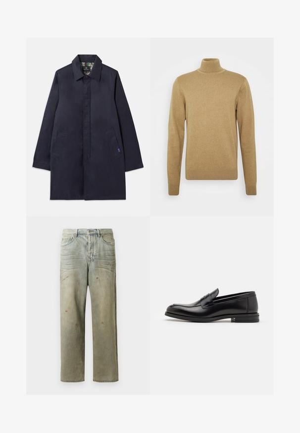 Navy blue coat with a collared neckline, two side pockets, and a straight cut. Interior features a patterned lining. Made of smooth fabric.; Beige turtleneck sweater made of soft knit fabric. Features long sleeves and a fitted design. Ribbed hem and collar accents.; Distressed denim jeans in light green, featuring a straight leg, five-pocket design, and uneven fading with paint splatters.; Black leather loafers with a smooth texture, rounded toe, and a decorative strap across the vamp. Low stacked heel, minimalist design.