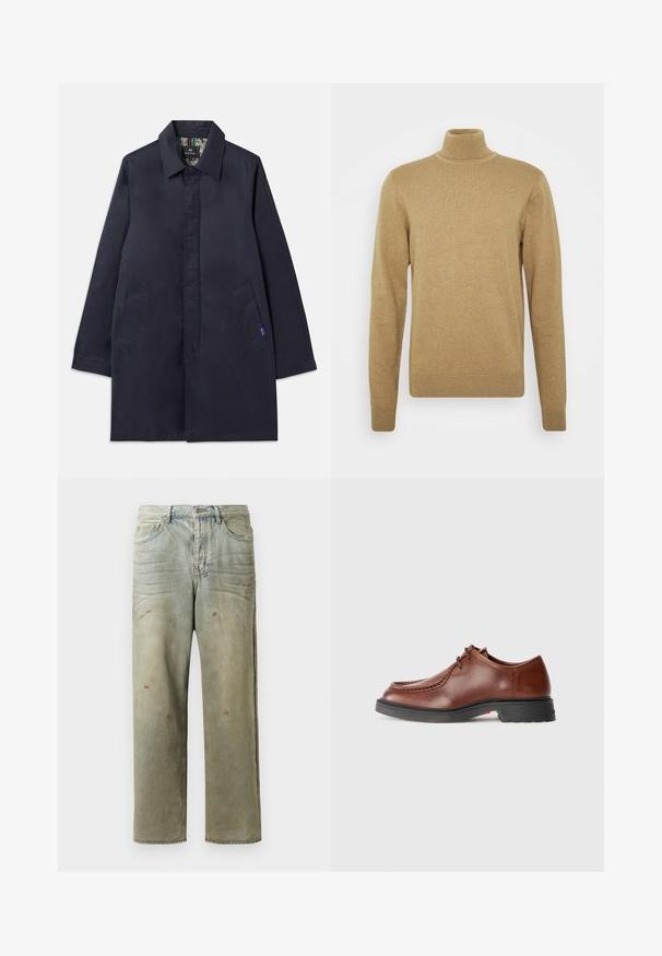 Navy blue coat with a collared neckline, two side pockets, and a straight cut. Interior features a patterned lining. Made of smooth fabric.; Beige turtleneck sweater made of soft knit fabric. Features long sleeves and a fitted design. Ribbed hem and collar accents.; Distressed denim jeans in light green, featuring a straight leg, five-pocket design, and uneven fading with paint splatters.; Brown leather dress shoe with a rounded toe, contrasting stitching, lace-up design, and a textured black rubber sole.