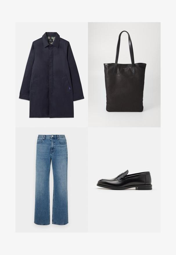 Navy blue coat with a collared neckline, two side pockets, and a straight cut. Interior features a patterned lining. Made of smooth fabric.; White button-up shirt with a collar, featuring subtle vertical stripes, long sleeves, a chest pocket, and classic rounded hem.; Wide-leg blue jeans made of denim with a faded finish. Features five pockets, a front button closure, and a straight cut.; Black leather loafers with a smooth texture, rounded toe, and a decorative strap across the vamp. Low stacked heel, minimalist design.; Black canvas tote bag with black leather handles. Simple design, spacious body, and a smooth texture. No visible logos or patterns.