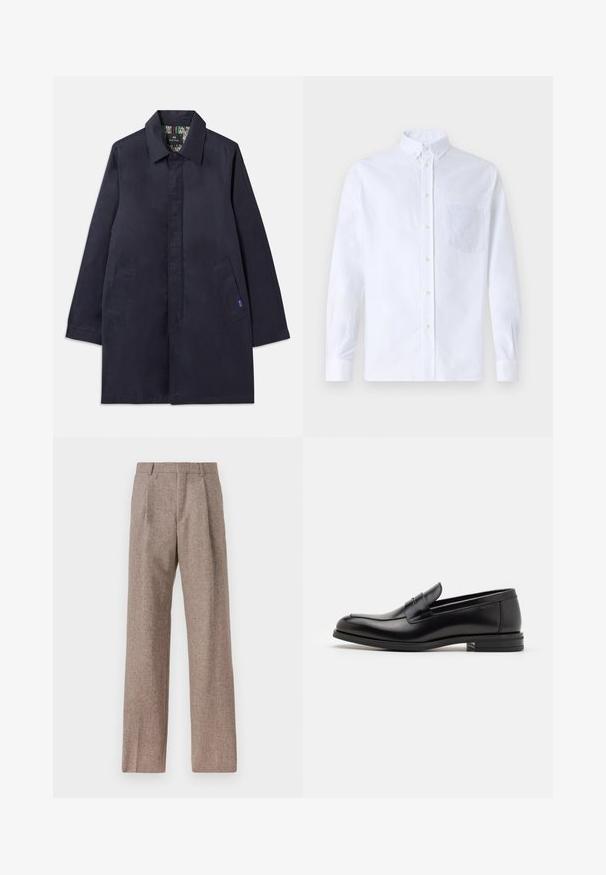 Mornarsko moder plašč z ovratnikom, dvema stranskima žepoma in ravnim krojem. Notranjost ima vzorčasto oblogo. Narejen iz gladkega materiala.; Bela dolgo rukava srajca s kragnico, izdelana iz bombaža, z žepom na prsih in toniranimi vezeninami ter gumbi na manšetah.; Rjave hlače z visokim pasom, izdelane iz teksturirane tkanine. Imajo široke noge in dve sprednji pregibi za strukturo. Urejen zaključek brez vidne strojne opreme.; Črne usnjene loafer čevlje z gladko teksturo, zaobljenim nosom in dekorativnim trakom čez zgornji del. Nizka zložena peta, minimalističen dizajn.