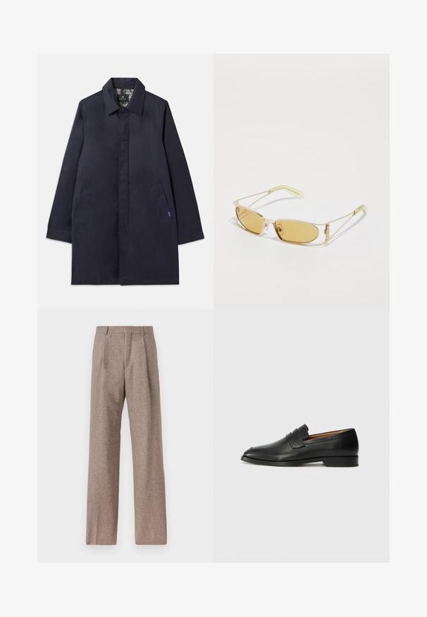 Cocon cu guler de culoare bleumarin, cu două buzunare laterale și croială dreaptă. Interiorul are o captuseală cu model. Fabricat dintr-un material neted.; Cămașă albă cu mânecă lungă, din bumbac, prevăzută cu un buzunar pe piept cu broderie tonală, guler și manșete cu buton.; Pantaloni bej, cu talie înaltă, dintr-un material texturat. Prezintă picioare late și două pliseuri frontale pentru structură. Finisaj îngrijit, fără accesorii vizibile.; Lofer din piele neagră, cu vârf rotund, detalii cusute subtile și toc jos, având o textură netedă și un design minimalist.; Ochelari de soare cu nuanță galbenă, cu o ramă aurie translucidă, formă dreptunghiulară subțire și brațe unghiulare cu accente verzi deschise.