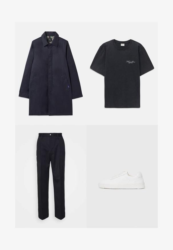 Sötétkék kabát, galléros nyakkal, két oldalsó zsebbel és egyenes szabással. A belső része mintás bélésű. Simább anyagból készült.; Fekete, rövid ujjú, kerek nyakú póló, bal mellen kis fehér "Filling Pieces" szöveges logóval.; Fekete, egyenes szárú, szabott nadrág sima anyagból, elöl gombos záródással és két oldalsó zsebbel.; Fehér sneaker sima bőr felsőrésszel, lekerekített orral, fűzőkkel, texturált oldalsó díszítésekkel és vastag gumitalppal. Minimalista dizájn.