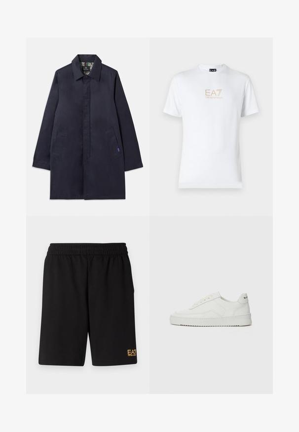 Námořnický modrý kabát s límečkem, dvěma bočními kapsami a rovnými liniemi. Interiér má vzorovanou podšívku. Vyrobeno z hladké tkaniny.; Bílé bavlněné tričko s kulatým výstřihem a krátkým rukávem, na přední straně s potiskem zlatého loga EA7 Emporio Armani.; Černé sportovní šortky vyrobené z měkké látky, s elastickým pasem a malým žlutým logem EA7 na dolní části levé nohy.; Bílé kožené tenisky s hladkým povrchem, kulatou špičkou, plochými tkaničkami a texturovanou podrážkou. Na patě se nachází nenápadné logo.