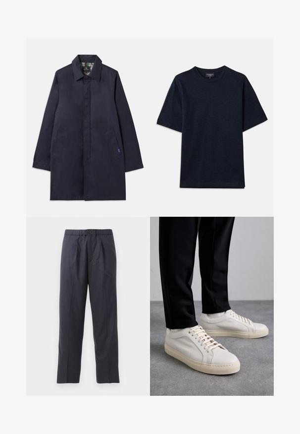 Navyblauwe coat met een kraaghalslijn, twee zijzakken en een rechte snit. Het interieur heeft een gestikte voering. Gemaakt van gladde stof.; Marineblauwe T-shirt met een gestructureerd patroon, ronde halslijn en korte mouwen. Subtiele logo-detail op de borst, gemaakt van zachte katoen.; Donkerblauwe broeken van zachte stof met een geplooid voorkantontwerp en een elastische tailleband. Voorzien van een knoopsluiting en een rechte pijp.; Lichtbeige leren sneakers met platte veters, een gestructureerd oppervlak en een contrasterende crème-kleurige rubberen zool, gecombineerd met zwarte taps toelopende broek.