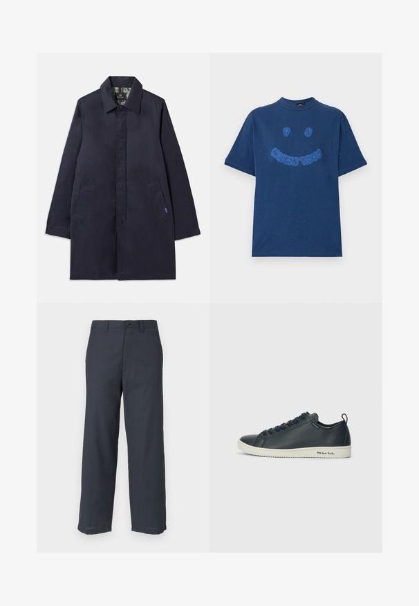 Cappotto blu navy con collo, due tasche laterali e taglio dritto. Interno con fodera fantasia. Realizzato in tessuto morbido.; T-shirt in cotone blu navy con scollo rotondo. Presenta un design con testo grafico ricamato blu e una faccina sorridente sul davanti. Maniche corte.; Pantaloni blu navy in tessuto liscio, con taglio a gamba dritta, due tasche frontali e chiusura con un solo bottone.; Sneaker in pelle blu scuro con finitura liscia, punta arrotondata, allacciatura con sei occhielli e suola in gomma bianca a contrasto. Caratterizzato da un logo sul lato.