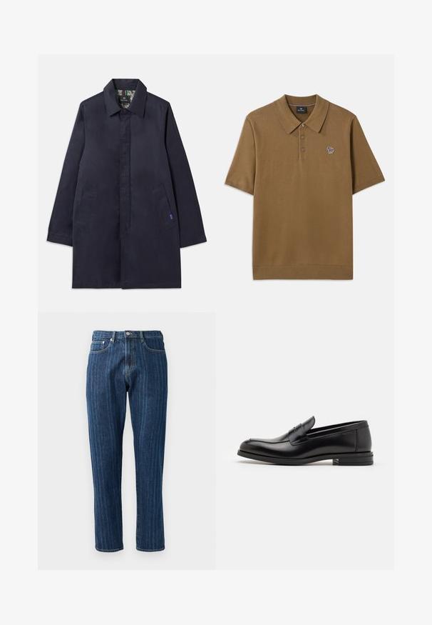 Námornícky modrý kabát s golierom, dvoma bočnými vreckami a rovný strih. Interiér má vzorovanú podšívku. Vyrobený z hladkej tkaniny.; Hnedé polo tričko vyrobené z mäkkého materiálu s prehnutým golierom, tromi gombíkmi a malým prúžkovaným logom koníka na hrudi.; Tmavomodré džínsy s rovnými nohavicami, viditeľným stehom, dizajnom s piatimi vreckami a so zapínaním na gombík v páse.; Čierne kožené mokasíny s hladkou textúrou, zaoblenou špičkou a dekoračným pásikom cez priehlavok. Nízky vrstvený opätok, minimalistický dizajn.