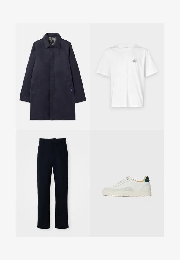 Casaco azul marinho com gola, dois bolsos laterais e corte reto. O interior apresenta um forro estampado. Feito de tecido suave.; Camisa branca de algodão com mangas curtas, gola redonda e um pequeno logótipo cinza na área do peito esquerdo. Textura suave.; Calças azul marinho em algodão, com um design de perna reta, fecho frontal com botão e cinta clássica com passantes para cinto.; Tênis brancos com detalhes em camurça, bico arredondado, atacadores planos e sola de borracha creme. Apresenta uma marcação verde no calcanhar.
