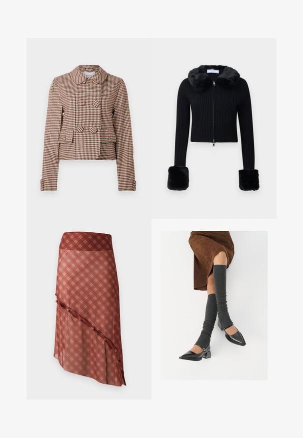 Kuttet dobbelspent jakke med rød, svart og beige rutete mønster, to frontlommer med klaff og rundt krage.; Svart ribbet glidelås cardigan med fuskepelskrage og matchende store fuskepelsmanchetter på lange ermer.; Rød og beige rutete kortermet topp med en glatt tekstur og en tettsittende midje, med en nederkant som har en subtil rynkefront.; Rødlig skjørt med diagonalt søm, med et rutemønster i lysere toner, akkompagnert av knappedetaljer langs kanten.; Sorte lakkpumps med spiss tå, blokkhel, og ankelstropp, kombinert med grå ribbestrikkede beinvarmere og et brunt semsket skinn skjørt.
