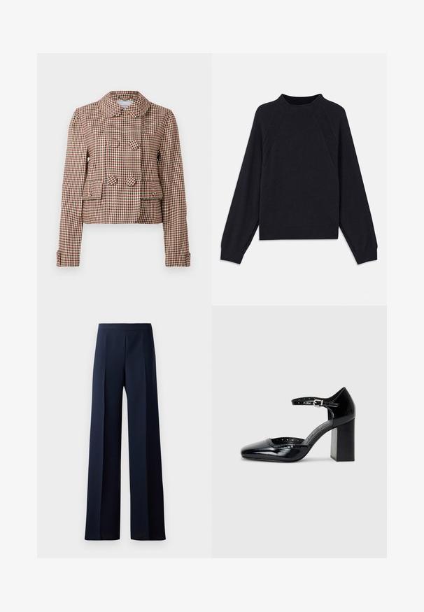 Skórzana, krótka kurtka dwurzędowa w czerwono-czarną i beżową kratę, z dwiema przednimi kieszeniami z klapami oraz okrągłym kołnierzem.; Ciemnoniebieski sweter z okrągłym dekoltem, długimi rękawami raglanowymi, ściągaczami u dołu i prostym brzegiem. Wykonany z miękkiego, fakturowanego materiału dzianinowego.; Szerokie spodnie w ciemnonawowym materiale, charakteryzujące się gładką fakturą, dyskretnymi plisami z przodu oraz dopasowanym pasem dla uzyskania wysmuklającej sylwetki.; Czarne lakierowane szpilki z kwadratowym noskiem, paskiem na kostkę i masywnym obcasem. Zawierają perforowane detale na krawędzi.