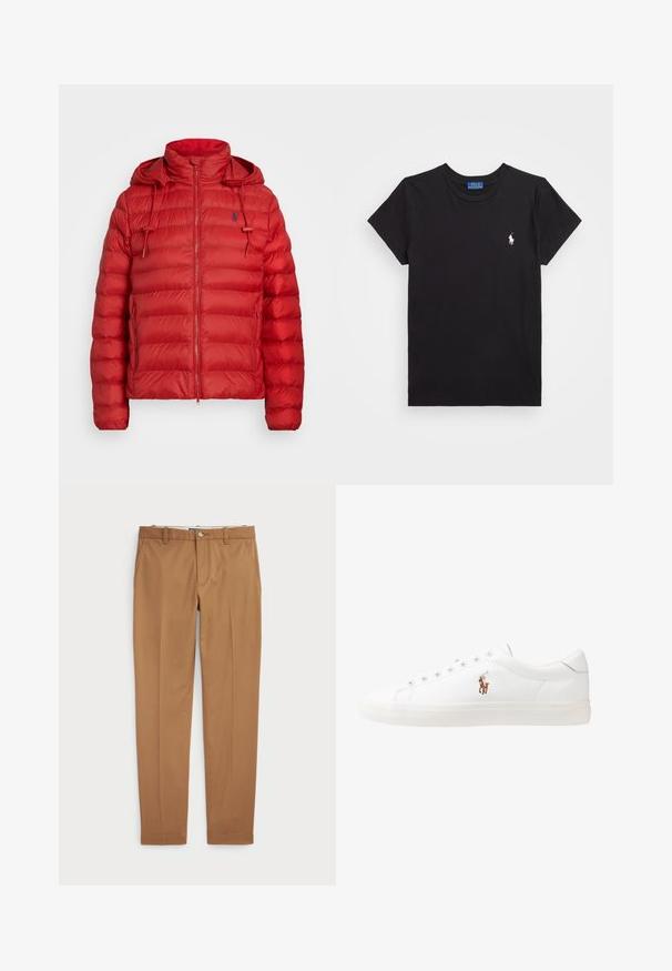 Czerwona kurtka puchowa z wysokim kołnierzem, zapięciem na zamek z przodu i regulowanym kapturem. Posiada pikowane sekcje oraz małe logo na piersi.; Czarna bawełniana koszulka z okrągłym dekoltem, krótki rękaw i białym haftowanym logo na lewej piersi. Gładka faktura, casualowy design.; Brązowe bawełniane spodnie w fasonie slim-fit, z płaskim przodem i standardowymi kieszeniami; gładka tekstura i podwinięte mankiety.; Białe skórzane sneakersy, niskoprofilowy design, charakteryzujące się gładką fakturą, okrągłym noskiem, sznurowanym przodem i małym haftowanym logo z boku.