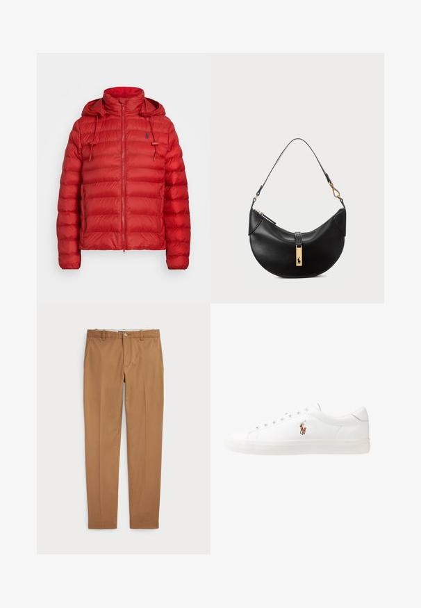 Raudona pūkinė striukė su aukštu apykakle, užtrauktuku priekyje ir reguliuojama kapuce. Yra siuvinėtos dalys ir mažas logotipas ant krūtinės.; Juodas medvilnės marškinėlis su apvalia iškirpte, trumpomis rankovėmis ir balta siuvinėta logo kairėje krūtinės pusėje. Lygus tekstūrinis audinys, neformalus dizainas.; Rudos medvilnės kelnes su siauru siluetu, lygiu priekiu ir standartinėmis kišenėmis; sklandžios tekstūros ir apkarpytais rankogaliais.; Baltos odinės sportbačiai, žemo profilio, su lygia tekstūra, apvalia nosimi, raištelių sistema priekyje ir mažyte siuvinėta logo šone.; Juodos odos rankinė pusmėnulio forma. Papuošta auksinėmis detalėmis ir siaura juosta. Lygi tekstūra, užtrauktuko uždarymas viršuje.