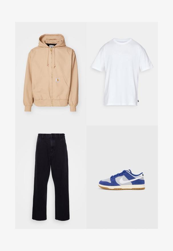 Beige huppari vetoketjulla, valmistettu puuvillasekoitteesta, jossa on naru- ja ribbireunat, kaksi etutaskua ja logopatchi vasemmassa taskussa.; Valkoinen puuvillainen t-paita, jossa on lyhyet hihat ja pyöreä kaula-aukko. Paidassa on pieni, huomaamaton Nike-logo rinnassa ja sivulappu.; Mustat farkut suoran lahkeiden muotoilulla, jossa on nappi- ja vetoketjukiinnitys, vyölenkit ja vähäiset ompeluyksityiskohdat.; Sininen mokkanahka ja harmaa verkkomateriaali sneaker, jossa on valkoinen Nike-swoosh, pyöreät nauhat, pehmustettu varsi ja kuminen pohja. Tasainen ommeltu yksityiskohta päällisessä.
