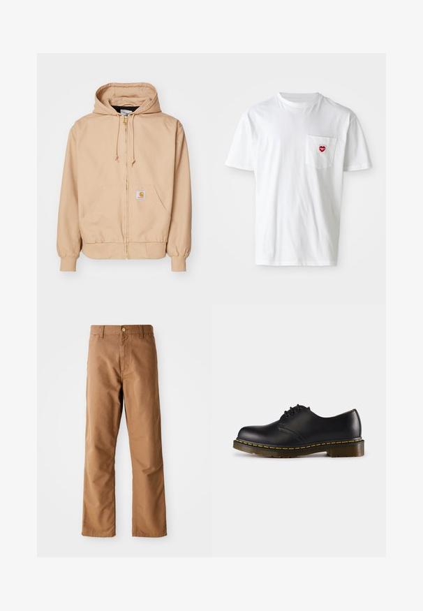 Felpa beige con zip realizzata in misto cotone, dotata di cappuccio con coulisse, polsini a costine, due tasche frontali e una patch con logo sulla tasca sinistra.; T-shirt bianco in cotone con scollatura rotonda e maniche corte. Presenta un piccolo logo a forma di cuore rosso sul taschino sinistro.; Pantaloni marroni a gamba dritta con passanti per cintura, tasche anteriori, chiusura con bottone e zip su sfondo bianco.; Scarpa in pelle nera con punta arrotondata, design con lacci, cuciture gialle lungo la suola e suola in gomma spessa e testurizzata.