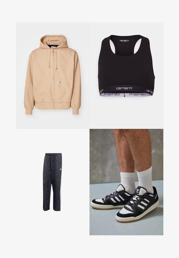 Bež mnogoslojni dukserica s patentnim zatvaračem izrađena od pamučne mješavine, s kapuljačom na vezanje, rebrastim manžetama, dvjema prednjim džepovima i logom na lijevom džepu.; Crna sportska grudnjak s okruglim izrezom i dizajnom s racerback. Ima ojačan pojas s bijelim "carhartt" brendingom. Mekana tekstura tkanine.; Crne sportske hlače s uzorkom leopard tiska, s bijelim dizajnom u tri pruga i logotipom sportske marke sa strane.; Crne i bijele tenisice s gornjim dijelom od antilopa i kože, s tri bijele pruge, perforiranim prstom i gumiranim potplatom.