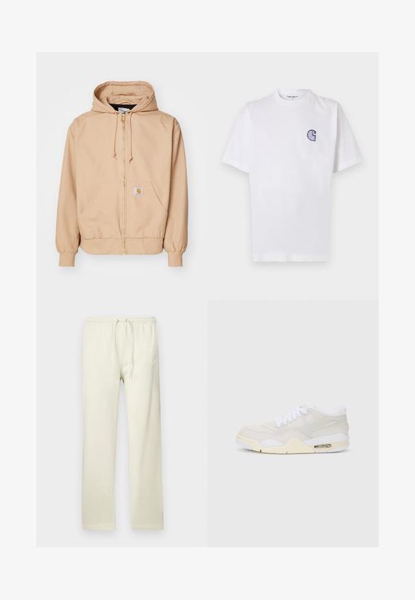 Hanorac crem cu fermoar, fabricat dintr-un amestec de bumbac, având glugă cu șnur, manșete riblate, două buzunare în față și un patch cu logo pe buzunarul stâng.; Tricou alb din bumbac, cu mâneci scurte, guler rotund și un mic logo brodat albastru "C" pe partea stângă a pieptului.; Pantaloni sport bej deschis cu talie cu șnur, realizați dintr-un material moale. Prezintă un logo subtil Nike alb pe coapsa stângă.; Adidași cu un upper sintetic de culoare bej deschis, șireturi albe și amortizare vizibilă. Prezentare a unei tălpi netede și accente subtile pe lateral.