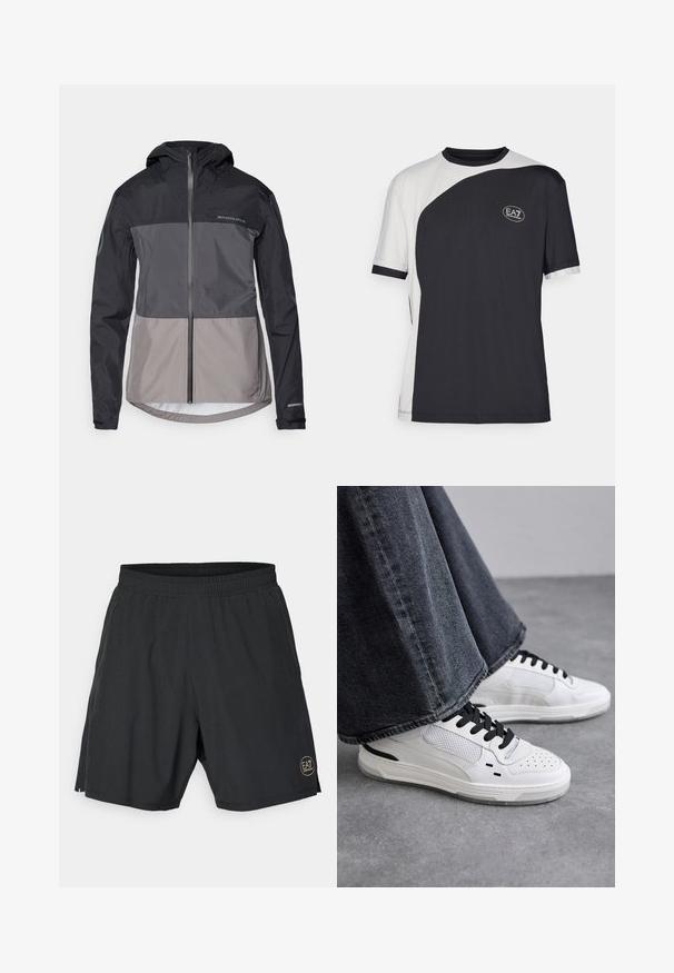 Vyrų dideliu gobtuvu striukė juodos ir pilkos spalvų blokų, pagaminta iš lengvos medžiagos, su priekiniais užtrauktukais ir elastingomis rankogaliais. Yra logotipo detalė.; Trumpas rankovės marškinėliai, pasižymintys dviejų spalvų juodai baltu dizainu, su lygiu paviršiumi ir EA7 logotipu priekyje.; Juodi sportiniai šortai, pagaminti iš lengvos medžiagos, su elastingu juosmeniu ir auksiniu apvaliu logotipu dešinėje apatinėje pusėje.; Balsuoti baltieji sportbačiai su juodomis raištelėmis ir tinklo detalėmis. Turintys lygią odinę viršutinę dalį ir tekstūruotą gumos padą. Su plačiais pilkais džinsais.