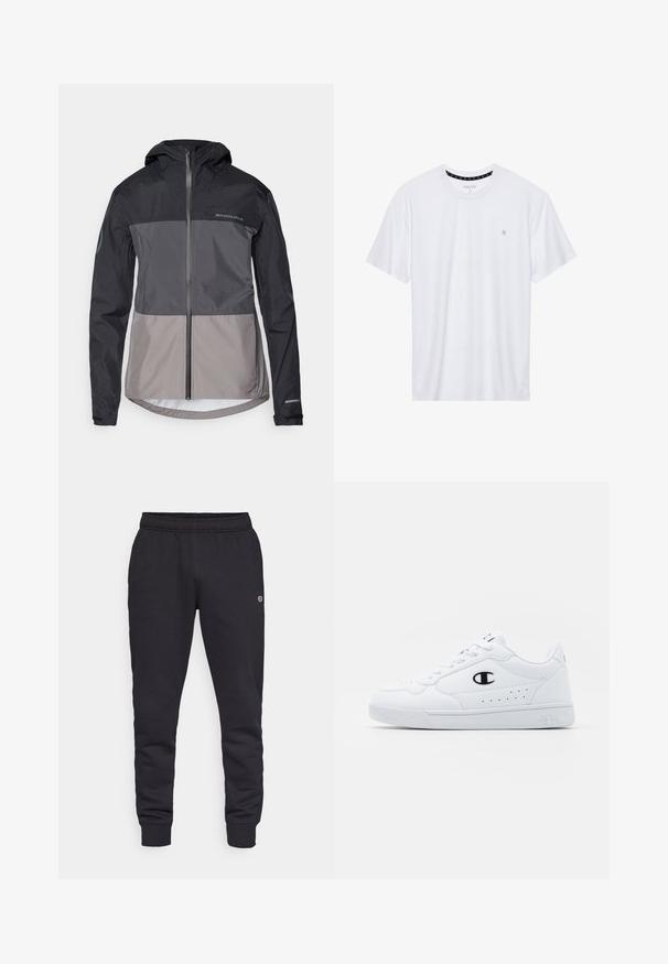 Vyrų dideliu gobtuvu striukė juodos ir pilkos spalvų blokų, pagaminta iš lengvos medžiagos, su priekiniais užtrauktukais ir elastingomis rankogaliais. Yra logotipo detalė.; Balta apvalios kaklo marškinėliai, pagaminti iš medvilnės, su trumpomis rankovėmis ir mažuoju logotipu, išsiuvinėtu kairėje krūtinės pusėje. Minkštas audinys.; Juodi medvilniniai sportiniai džinsai su elasticiniu juosmeniu ir rankogaliais. Šone yra logotipo detalė. Lygus tekstūras, siaurėjanti forma.; Baltos sportinės kedai su lygiu sintetinės medžiagos viršumi, juodu logotipo akcentu ir perforuotomis detalėmis šonuose. Gumos padas.