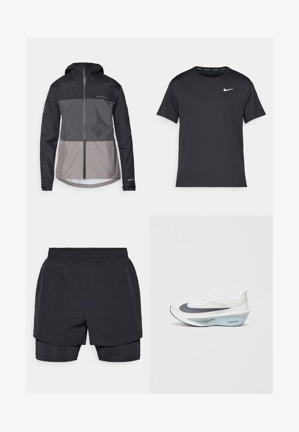 Giacca a vento da uomo in blocchi di colore nero e grigio, realizzata in materiale leggero con zip frontale e polsini elasticizzati. Presenta dettagli del logo.; Maglietta da corsa Nike nera realizzata in materiale leggero e traspirante, con maniche corte e un piccolo logo bianco sul petto.; Pantaloni sportivi neri con vita elasticizzata, design a strati e foderato interno aderente. Texture liscia, progettati per il comfort.; Scarpa da atletica bianca con tomaia in mesh grigia, una intersuola in schiuma ZoomX blu e una suola curva per migliorare la propulsione e il comfort.