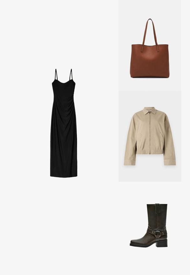 Beige bomber jacket with a zip closure, collared neck, and elasticized waistband. Features two side pockets and a smooth fabric texture.; Black midi dress with thin adjustable straps, featuring a draped design and smooth texture. No visible patterns or embellishments.; Brown leather ankle boot with a square toe, short block heel, and decorative buckle strap with silver hardware. Smooth texture, simple design.; Brown leather tote bag with a smooth texture, open top design, and two shoulder straps. Features minimal stitching and no visible hardware.