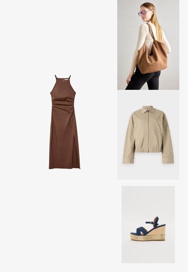Béžová bombera s zipovým uzávěrem, límcem a elastickým pasem. Obsahuje dvě boční kapsy a hladký povrch látky.; Stradivarius HALTER - Pouzdrové šaty - dark brown; Námořnické modré sandály na vyšším podpatku s kříženými pásky, texturovanou platformou z přírodních vláken a zlatým metalickým akcentem na spodní části.; Hnědá semišová taška přes rameno se soft-touch texturou, velkým otvorem a dlouhými popruhy. Disponuje jednoduchým designem s viditelným šitím a bez kovových prvků.