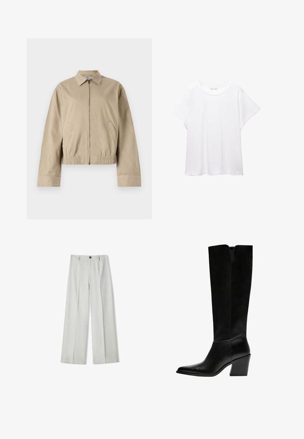 Beige bomber jacket with a zip closure, collared neck, and elasticized waistband. Features two side pockets and a smooth fabric texture.; White T-shirt made of soft, lightweight fabric. Features a round neckline and short, wide sleeves with a relaxed fit. No visible patterns.; Light gray wide-leg trousers made of a textured fabric, featuring a button closure and two pleats at the front for added detail.; Black knee-high boots made of smooth leather, featuring a pointed toe, a block heel, and a V-shaped cutout at the top.