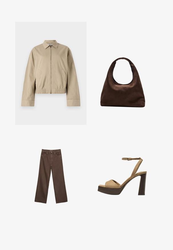 Beige Bomberjacke mit Reißverschluss, Kragen und elastischem Bund. Verfügt über zwei Seitentaschen und eine glatte Stofftextur.; Braunes, kurzärmliges T-Shirt aus weichem Material mit rundem Halsausschnitt und lockerer Passform. Keine sichtbaren Muster oder Akzente.; Weite braune Jeans aus Denim, mit hoher Taille, Fronttaschen und klassischem Knopfverschluss. Glatte Textur mit feinen Nähten.; Beige Wildleder-Pumps mit hohem Absatz, breitem Vorderband und Knöchelriemen, ausgestattet mit einem klobigen Holzblockabsatz mit strukturiertem Finish.; Weiche braune Hobo-Stil Handtasche mit einem einzigen breiten Trageriemen und einer geschwungenen Oberteilöffnung, auf einem weißen Hintergrund präsentiert.