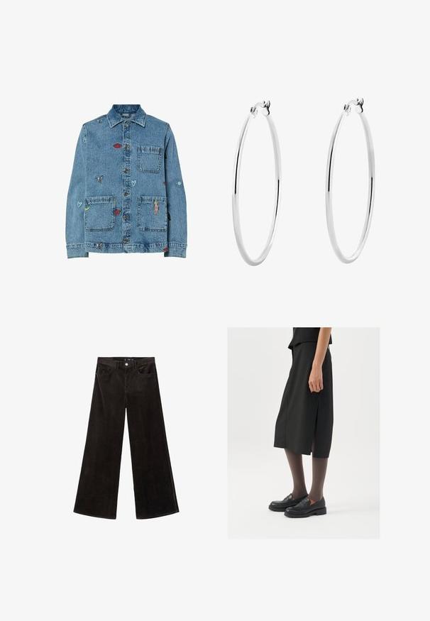 Džínová bunda světle modré barvy s vyšívanými vzory, včetně srdcí, ptáků a očí. Obsahuje dvě náprsní kapsy a zapínání na knoflíky.; Šedý žebrovaný tílko s kulatým výstřihem a bez rukávů. Měkká textura a přiléhavý střih, vhodné pro každodenní nošení nebo jako vrstvení.; Černé kordové kalhoty širokého střihu s vysokým pasem, předními kapsami a texturovanou tkaninou, s knoflíkovým zapínáním a poutky na opasek.; Černá sukně ke kolenům s bočním rozparkem, v kombinaci s černými loafers a průhlednými hnědými punčochami, vyrobená z hladkého materiálu a s jednoduchým designem.; Stříbrné kruhové náušnice s hladkým, leštěným povrchem a bezšvým designem, s zaoblenými hranami a bezpečným zapínáním.
