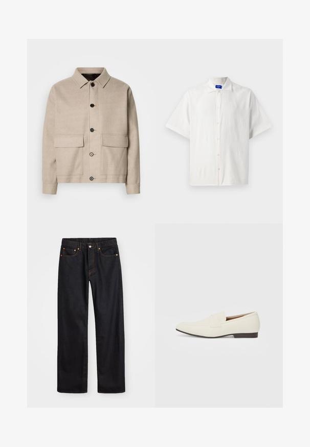Veste en laine beige clair avec un col, quatre poches avant et des boutons foncés. Présente une coupe structurée et décontractée ainsi qu'une texture lisse.; Chemise à manches courtes, blanche et boutonnée, fabriquée dans un tissu léger, avec un col classique et une texture subtile. Les boutons sont placés de manière régulière.; Jean en denim noir pour hommes, coupe droite, avec cinq poches et surpiqûres orange, fermeture par bouton et zip à la taille avant.; Mocassins beige clair avec un bout pointu, en matériau lisse, une sangle sur le devant et une semelle basse marron. Design simple avec des accents minimalistes.