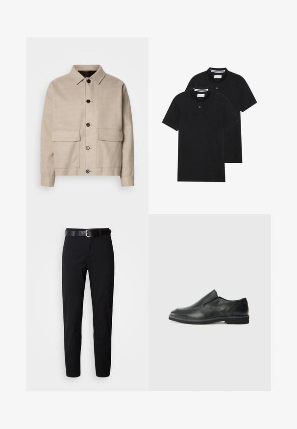Lys beigefarget ulljakke med krage, fire frontlommer og mørke knapper. Har en strukturert, avslappet passform og glatt tekstur.; To svarte polo skjorter, kortermet, i bomullsmateriale, med krage i klassisk stil, to-knapps knappestolpe, og hvite striper inni kragen.; Sorte bukser med en lige pasform, med en glat tekstur og et sort læderbælte med en sølvspænde. Enkel design, uden mønstre eller detaljer.; Sorte skinn slip-on sko med en jevn overflate, stikking detaljer, rund tå og en lav gummihæl. Sålen har minimal mønstring.