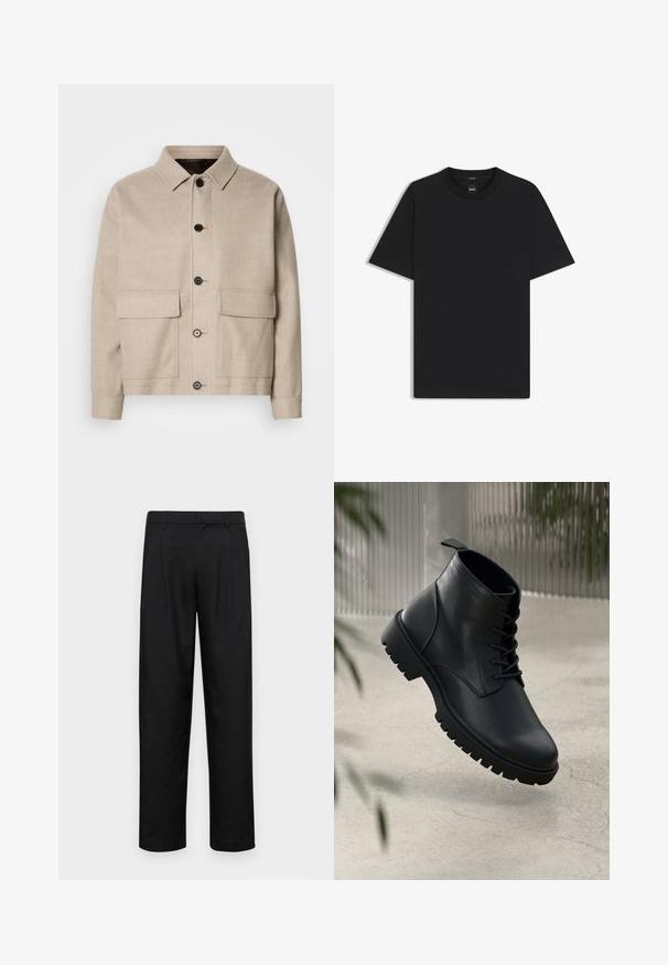 Lys beige uldjakke med krave, fire forlommer og mørke knapper. Har en struktureret, afslappet pasform og glat tekstur.; Sort kortærmet T-shirt lavet af en glat bomuldsblanding, med en rund halsudskæring og et minimalistisk design uden mønstre eller accenter.; Sorte bukser lavet af glat stof, med et lige ben-design, to frontfolder og en standard talje med bæltestropper.; Sorte læder ankelstøvler med rund tå, snørebåndsdesign og robust gummisål. Glat tekstur med en løkke bagpå.