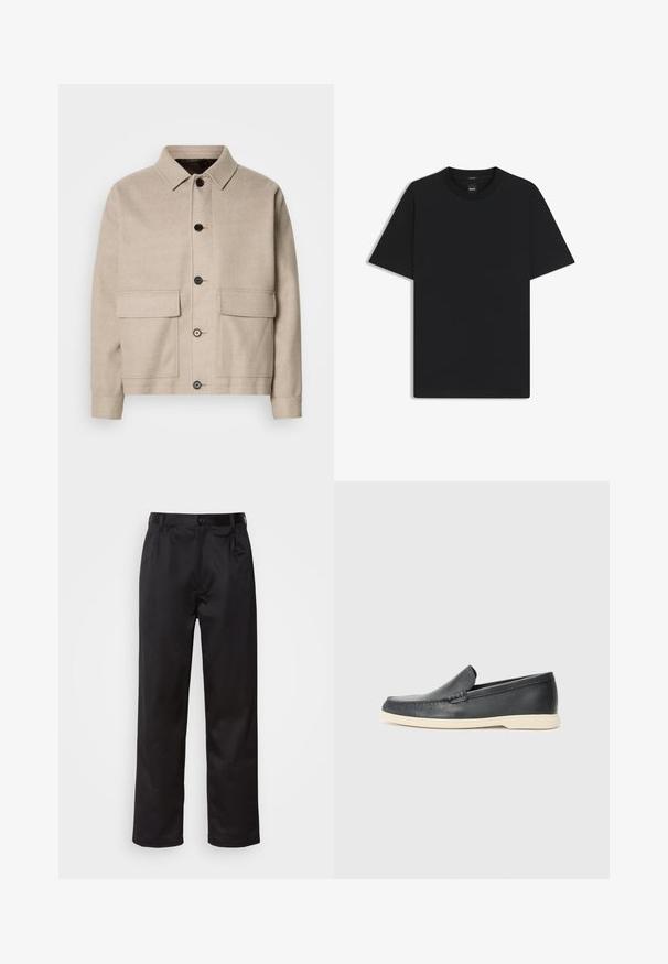 Jasno beżowa wełniana kurtka z kołnierzykowym dekoltem, czterema przednimi kieszeniami i ciemnymi guzikami. Charakteryzuje się usztywnionym, luźnym krojem oraz gładką teksturą.; Czarny t-shirt krótki rękaw wykonany z gładkiej mieszanki bawełny, z okrągłym dekoltem i minimalistycznym designem bez wzorów czy akcentów.; Czarne spodnie wykonane z gładkiego materiału, z zapięciem na guzik z przodu, plisami i prostymi nogawkami. Brak widocznych wzorów lub akcentów.; Czarne skórzane slip-ony w stylu loafers z teksturowanym wykończeniem i kontrastującą beżową gumową podeszwą. Posiadają delikatny akcent wzdłuż przodu.
