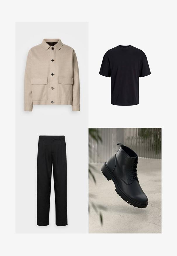 Šviesiai smėlinis vilnonis švarkas su apykakle, keturiais priekinių kišenių ir tamsiomis sagomis. Turi struktūruotą, laisvą siluetą ir glotnią tekstūrą.; Juodas medvilninis marškinėlis su apvaliu iškirpimu, trumpomis rankovėmis ir laisvu siluetu. Glotni tekstūra, be matomų raštų ar akcentų.; Juodi kelnių modeliai, pagaminti iš lygios medžiagos, turi tiesią kojas, du priekiniai klostės ir standartinę juosmenį su diržo kilpomis.; Juodi odiniai auliniai batai su apvaliu pirštu, su raišteliais ir tvirtu guminio pado dizainu. Romus paviršius su kilpeliu gale.