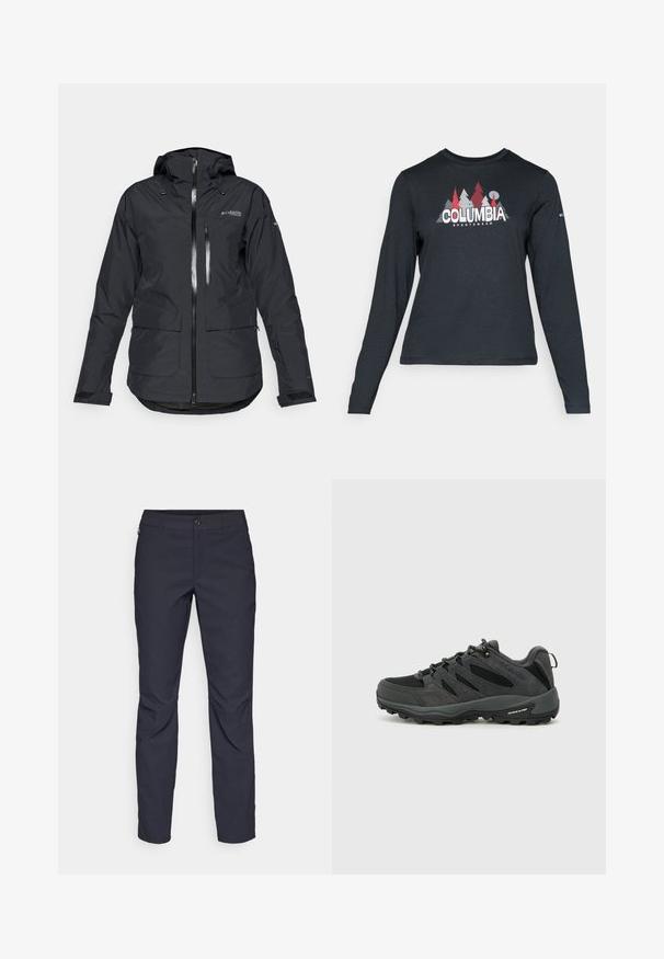 Chaqueta impermeable negra con capucha, dos bolsillos frontales y un cierre central de cremallera. Presenta puños ajustables y una textura lisa y mate.; Camisa de manga larga gris oscuro con un gráfico de árboles rojos y montañas; logo "COLUMBIA" en texto blanco en negrita. Tela suave, cuello redondo estándar.; Pantalones azul marino de tela suave, que presentan un cierre delantero con botón, un diseño ajustado y detalles con pliegues en las rodillas.; Columbia REDMOND - Zapatillas de senderismo - black/citron haze