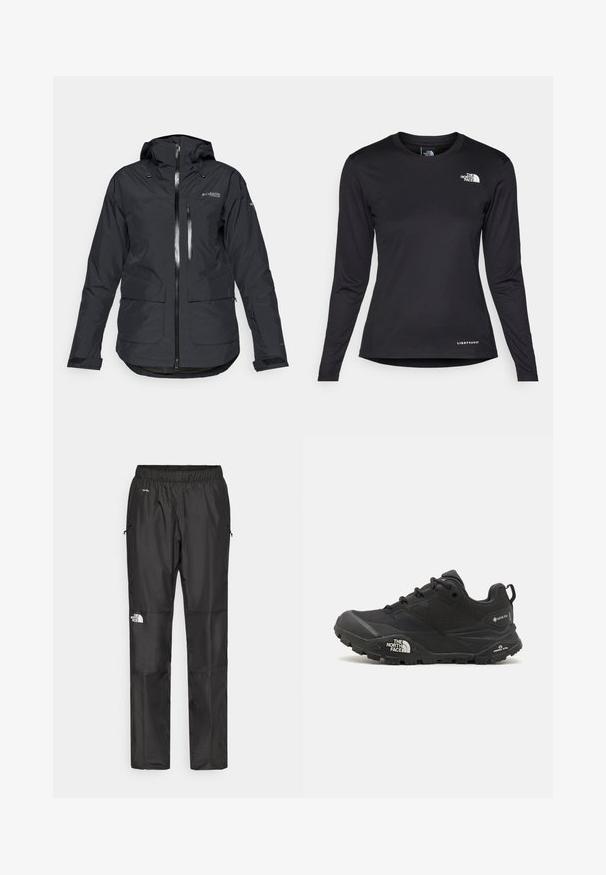 Casaco preto impermeável com capuz, duas bolsos frontais e um fecho central. Apresenta punhos ajustáveis e uma textura lisa e mate.; The North Face SHADOW LONG SLEEVE - Camisola de manga comprida - black; Calças pretas à prova d'água feitas de um tecido leve, com cintura elástica, bolsos laterais e um logótipo na perna esquerda.; Shoe de caminhada preto com um upper texturizado, fecho de atacador e uma sola de borracha robusta com um logótipo proeminente na lateral e padrões de piso.