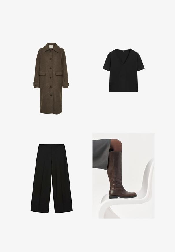 Manteau en laine marron avec un col, des manches longues et de grandes poches avant surdimensionnées. Fermé par de gros boutons sombres.; T-shirt noir à manches courtes en V, au design simple et ajusté, sur fond blanc.; Pantalons larges noirs en tissu doux, avec une taille haute et des plis, ayant une texture lisse et sans embellissements visibles.; Botte en cuir marron à hauteur de genou avec un bout arrondi, texture lisse et détails de couture minimalistes, placée sur un fond clair sur une chaise blanche.