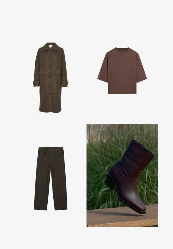 Brown wool coat with a collared neckline, long sleeves, and oversized front pockets. Fastened with large dark buttons.; Brown cropped t-shirt with a round neckline, short sleeves, and a soft texture. Designed with a relaxed fit and minimal detailing.; Dark green wide-leg jeans made of cotton blend, featuring a front button closure, five pockets, and classic denim stitching.; Dark brown leather ankle boot with block heel resting on wooden surface outdoors with tall green grass background.
