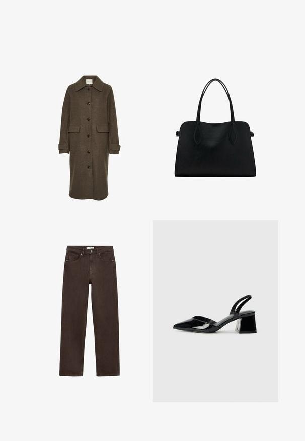 Rjav volnen plašč s ovratnikom, dolgimi rokavi in velikimi sprednjimi žepi. Zapenja se z velikimi temnimi gumbi.; Rjava kratka majica s kratkimi rokavi iz mehkega materiala, s krožnim izrezom in ohlapnim krojem. Brez vidnih vzorcev ali dodatkov.; Rjave široke kavbojke iz denima, s klasičnim pet-žepnim dizajnom, gumbom za zapiranje in diskretnimi detajli šivanja.; Črne lakirane slingback pete s koničastim nosom in geometrijsko blokasto peto. Imajo eleganten, minimalističen dizajn in gladko teksturo.; Črna usnjena torbica z dvema naramnima trakoma, pravokotne oblike in minimalističnim dizajnom na beli podlagi.