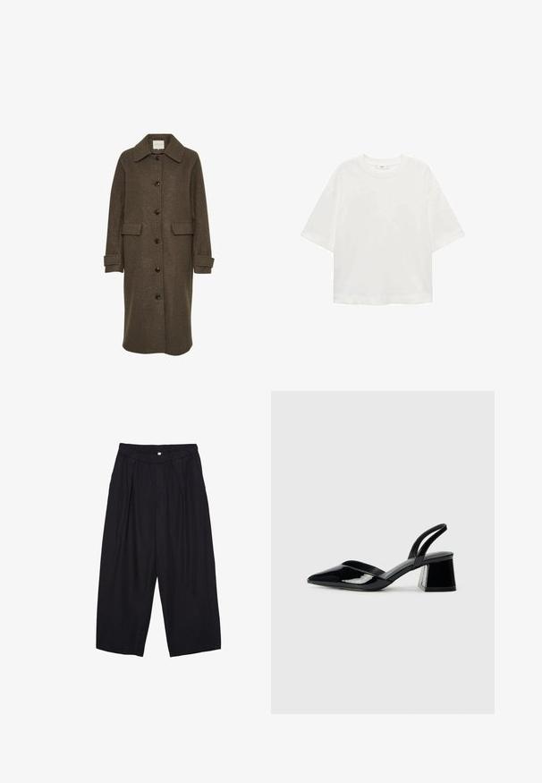 Smeđi vuneni kaput s okovratnikom, dugim rukavima i prevelikim prednjim džepovima. Zakopčava se velikim tamnim dugmadi.; Bijela majica kratkih rukava s okruglim izrezom, ležernog kroja, izrađena od mekanog materijala. Bez uzoraka ili dodataka, s klasičnom rubnom završetkom.; Crne poliester hlače culotte s elastičnim pojasom, dva prednja nabora i širokim krojem. Nema vidljivih uzoraka ili metalnih detalja.; Crne lakirane kožne sandale s otvorenom petom i špicastim vrhom, s geometrijskom blok petom. Imaju elegantan, minimalistički dizajn i glatku teksturu.