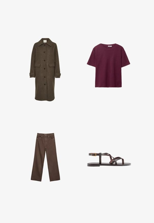 Brauner Wollmantel mit einem geknöpften Kragen, langen Ärmeln und übergroßen Fronttaschen. Geschlossen mit großen dunklen Knöpfen.; Burgunderfarbene Kurzarm-T-Shirt aus weicher Baumwolle. Mit einem klassischen Rundhalsausschnitt und einer lockeren Passform. Einfarbig, ohne Muster oder Akzente.; Weite braune Jeans aus Denim, mit hoher Taille, Fronttaschen und klassischem Knopfverschluss. Glatte Textur mit feinen Nähten.; Braune Leder-Sandale mit überkreuzten Riemen, einem Knöchelriemen mit Schnalle und einer flachen Sohle mit minimalen Nähdetails.