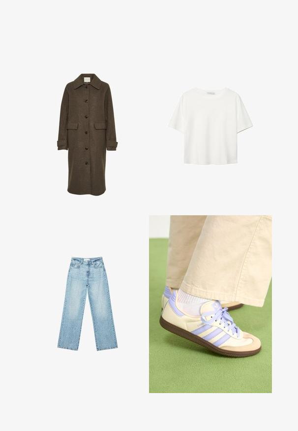 Brown wool coat with a collared neckline, long sleeves, and oversized front pockets. Fastened with large dark buttons.; White short-sleeve t-shirt made of cotton. Features a crew neckline and a relaxed fit. Smooth texture with no visible patterns or accents.; Light blue denim wide-leg jeans with a high waist, featuring a faded wash and small, scattered distressed details throughout.; Cream and lavender sneakers with three stripes and a textured brown sole, featuring laces and a padded heel. Soft fabric upper.