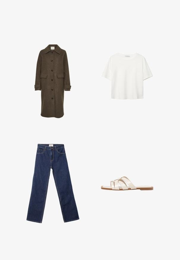 Bruine wollen jas met een kraag, lange mouwen en oversized voorzakken. Gesloten met grote donkere knopen.; Witte korte mouwen t-shirt van katoen. Heeft een ronde halslijn en een ontspannen pasvorm. Glad textuur zonder zichtbare patronen of accenten.; Donkerblauwe rechte jeans met voorkeurszakken, riemlussen en een knoopsluiting.; Vlakke sandalen met een tan rubberen zool, ontworpen met drie overlappende witte leren banden en een kleine strikdetail in het midden.