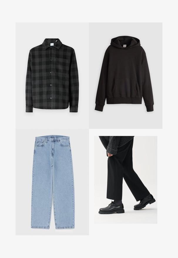 Jakna košulja u crno-sivoj kariranoj uzorak s dugim rukavima, oštrim ovratnikom, prednjim dugmadi i jednim džepom na prsima s glatkom teksturom.; Crna Levi's dukserica s prednjim kengurskim džepom i suptilnim logom izvezenim na prsima, prikazana na jednostavnoj svijetloj pozadini.; Svijetloplave traperice s ravnim nogavicama, sa srednjim strukom, pet džepova i zatvaranjem na dugme i patentni zatvarač.; Crne kožne cipele s okruglim nosom, dizajnom na vezivanje i debelim, teksturiranim potplatom. Nosive s krojenim crnim hlačama i rebrastim puloverom.