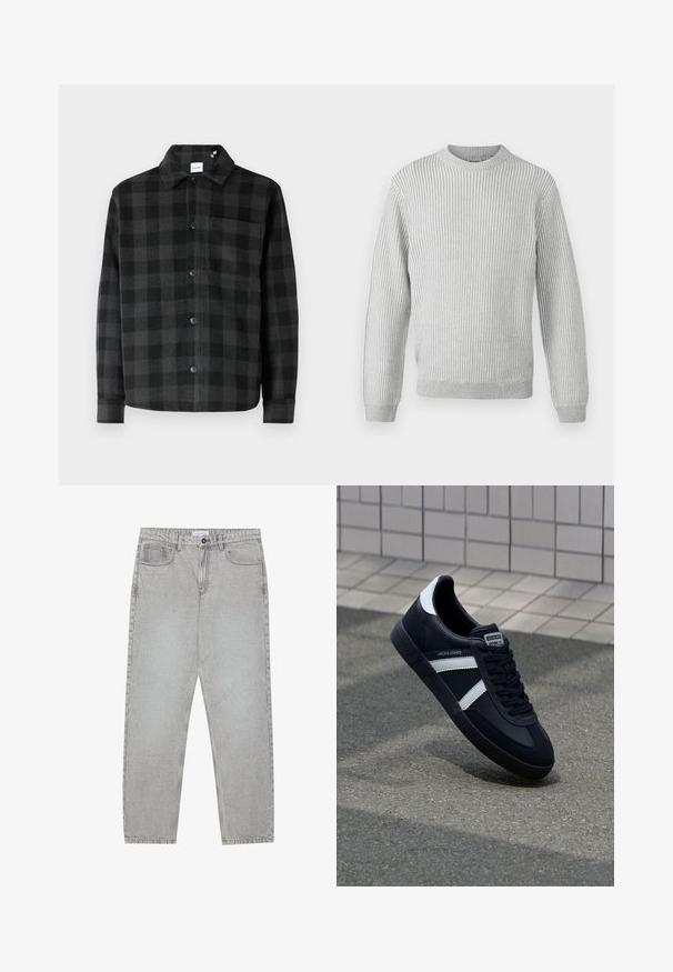 Jakna košulja u crno-sivoj kariranoj uzorak s dugim rukavima, oštrim ovratnikom, prednjim dugmadi i jednim džepom na prsima s glatkom teksturom.; Svijetlosivi rebrasti pulover s okruglim izrezom, dugim rukavima i ravnim rubom. Napravljen od mekanog, teksturiranog materijala.; Svijetlosivi traper hlače s ravnim nogavicama, stilom s pet džepova i kopčanjem na gumb. Vidljivo šivenje duž šavova.; Crne kožne tenisice s bijelim prugama, strukturirana gumena potplate i vezanjem sprijeda. Ima oznaku brenda na jeziku.