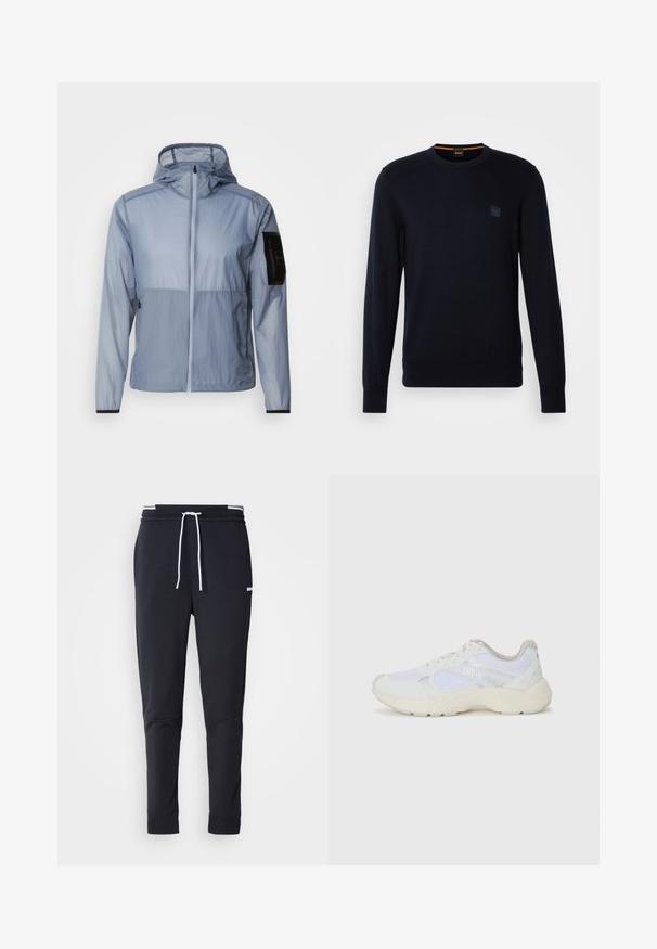 Jacket leveira de cor azul clara, leve, com fecho completa, capuz ajustável e bolso preto na manga esquerda. Textura suave e design minimalista.; Suéter de malha azul-marinho com mangas longas, decote redondo, punhos e bainha canelados, apresentando um pequeno patch logo quadrado no peito.; Calças de jogger ajustadas pretas com cordão branco, cintura elástica com riscas brancas e pequeno logo branco na parte superior da coxa.; Ténis brancos desportivos feitos de malha e camurça, com uma entressola texturizada, elementos texturizados e o logótipo "HUGO" na lateral.