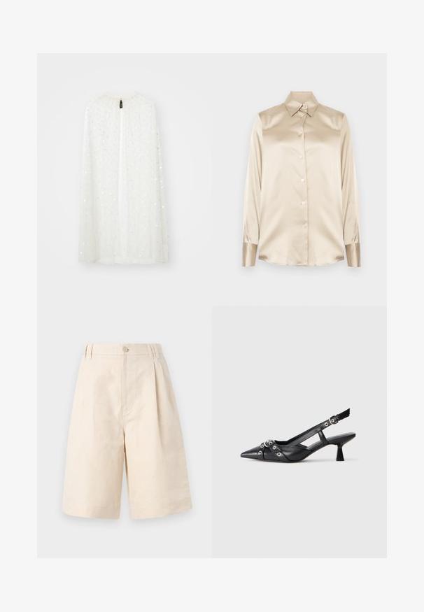 White sheer cape with a gathered neckline, embellished with scattered silver sequins, featuring a central opening from top to bottom.; Beige satin shirt with a pointed collar, full-length sleeves, button closure, and cuffs in a slightly glossier finish. No patterns or accents.; Beige linen shorts with a relaxed fit, featuring a button closure, pleated design, and knee-length cut. Smooth texture and simple style.; Black leather slingback shoe with a pointed toe, decorative straps featuring metal eyelets, and a low block heel. Textured surface.