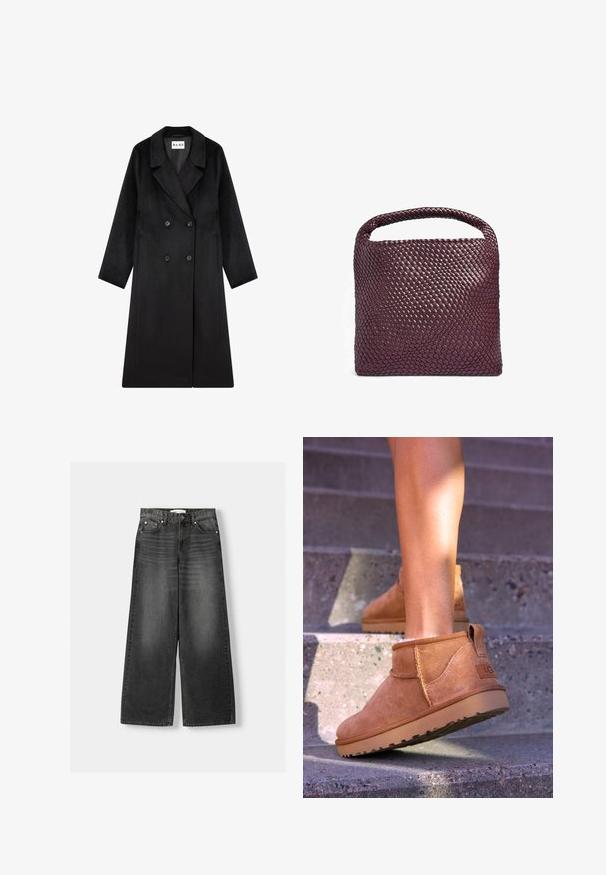 NA-KD Klasični plašč - black; Ženska z svetlo rjavimi lasmi, oblečena v ohlapno sivo polo majico in črne hlače, stoji pred enobarvno svetlo ozadjem.; Široke, visoko pasom kavbojke iz temno sive denima. Imajo pet žepov, kovinske zakovice in zanke za pas. Gladka textura z rahlim zbledelostjo.; Svetlosive nobuck gležnjarji z mehko teksturo, všitimi detajli in gumijastim podplatom, z zanko na peti za enostavno obuvanje.; Tkana usnjena torba v temno burgundski barvi, kvadratne oblike s zaobljenim ročajem in teksturirano površinsko vzorcem. Minimalističen dizajn.
