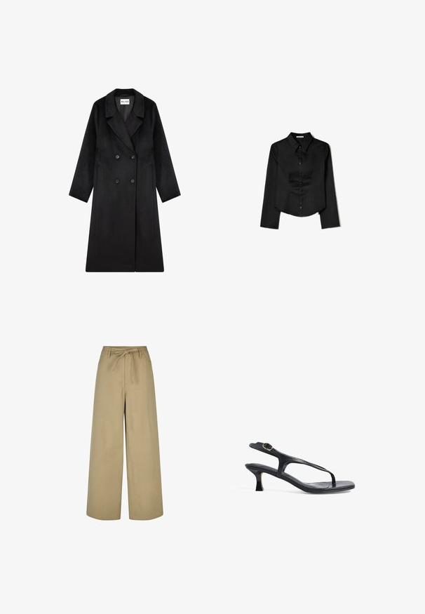 NA-KD - Klasyczny płaszcz; Czarna longsleeve z gładkiego materiału, z wyraźnym kołnierzykiem, z przodem zapinanym na guziki oraz skróconym dołem z bocznymi rozcięciami.; Beżowe spodnie typu wide-leg z wysokim stanem, z wiązaniem na sznurki i dwiema bocznymi kieszeniami, wykonane z gładkiego, lekkiego materiału.; Czarne skórzane sandały o smukłym designie, cienkich paskach i małym obcasie. Posiadają akcent w postaci sprzączki oraz gładką, teksturowaną wkładkę.